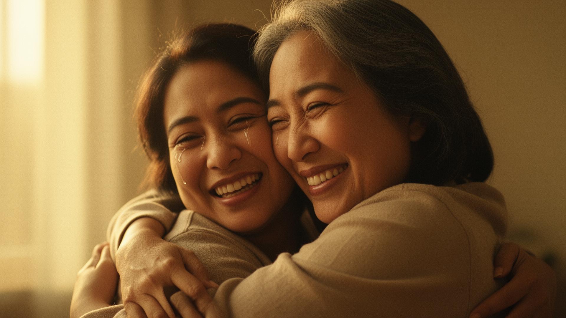 An emotional embrace between mother and daughter